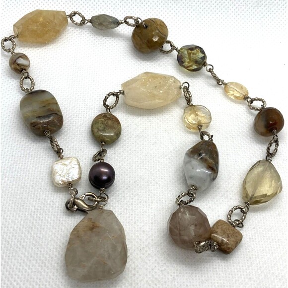 Vintage Quartz Agate Citrine Pearl 18'' Bead Necklace Sterling 925 Silver 48.8g - Picture 2 of 9